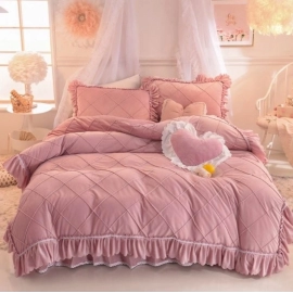 Thickened Love Crystal Velvet 4PCS Coral Flannel Princess Duvet Cover Bedding for Winter
