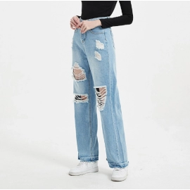 Women′ S Washed and Torn Jeans Loose Casual High Waist Wide Leg Pants